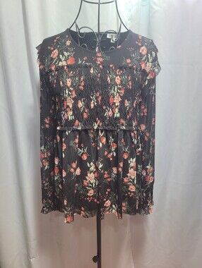 Black Floral Smocked Long-Sleeve Women's Blouse